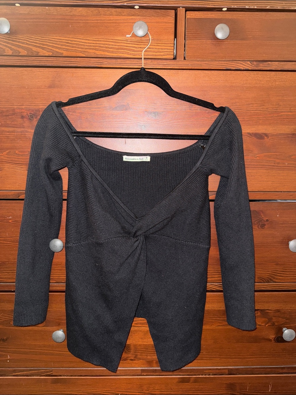 Abercrombie & Fitch Black Ribbed Twist-Front Long Sleeve Top